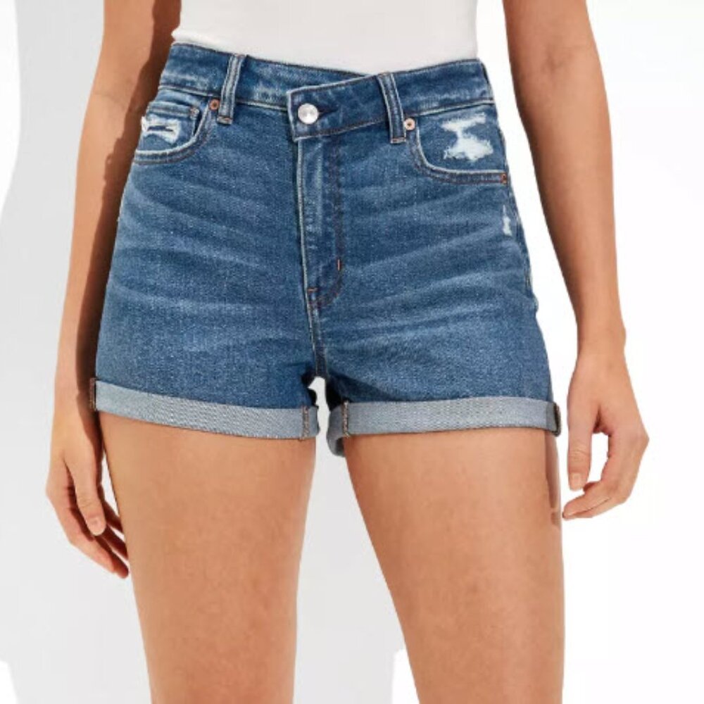 American Eagle Mom Short Women's Crossover Classic Blue Denim Distressed 8 EUC